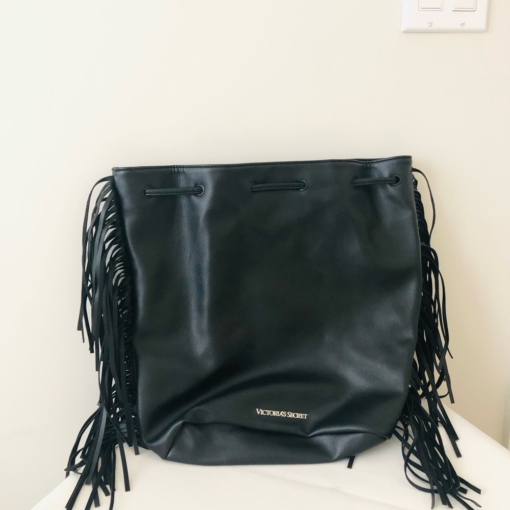 Victoria's Secret Purse Drawstring Bag Side Fringe Black Faux Leather